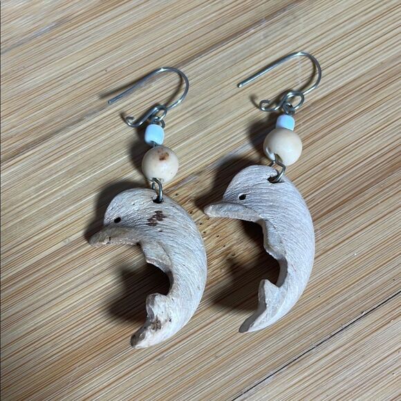 Vintage Brazilian Wooden Dolphin Earrings with Beads (Purchased in Brazil) - Picture 4 of 9